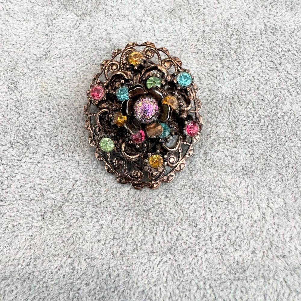 Vintage Copper Tone Multicolor Rhinestone And Dragon Breath Brooch Scatter Pin